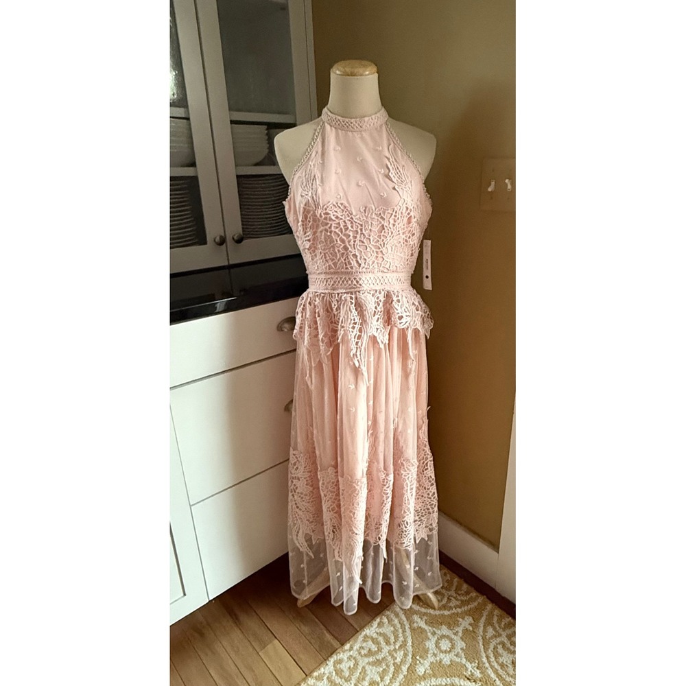 AQUA Blush Pink Lace Halter Midi Dress Peplum Waist Point DEsprit Mesh Small NEW